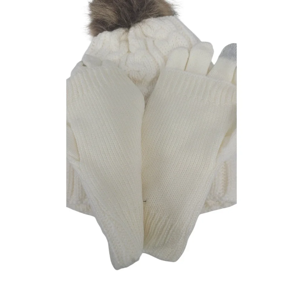 Holiday‎ Time White Pom-Pom Beanie, Fingerless Embellished Glove Set Winter Hat